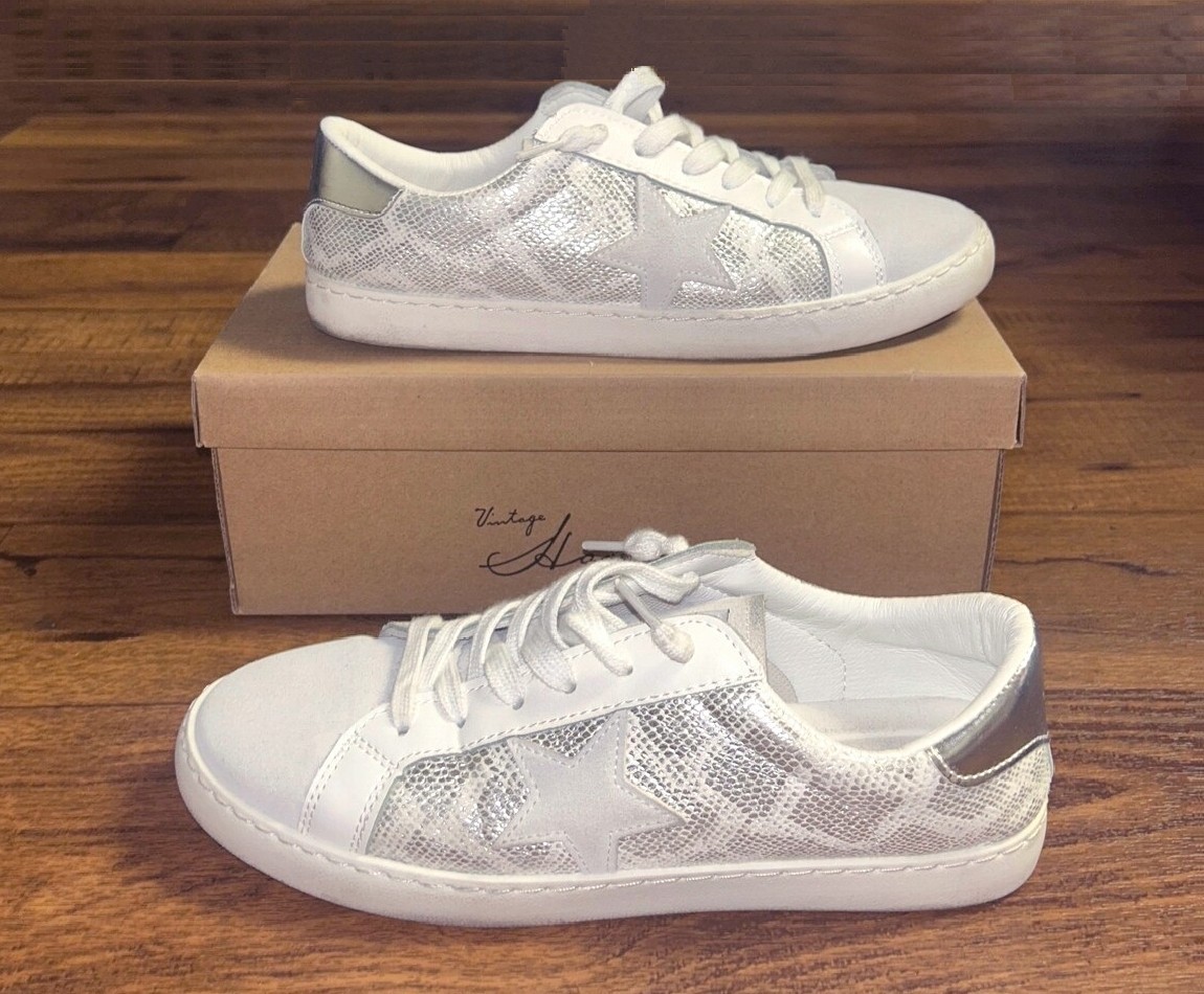 Vintage Havana Carla Croco Star Sneakers, White/Silver/Grey, 8.5 - NEW In Box