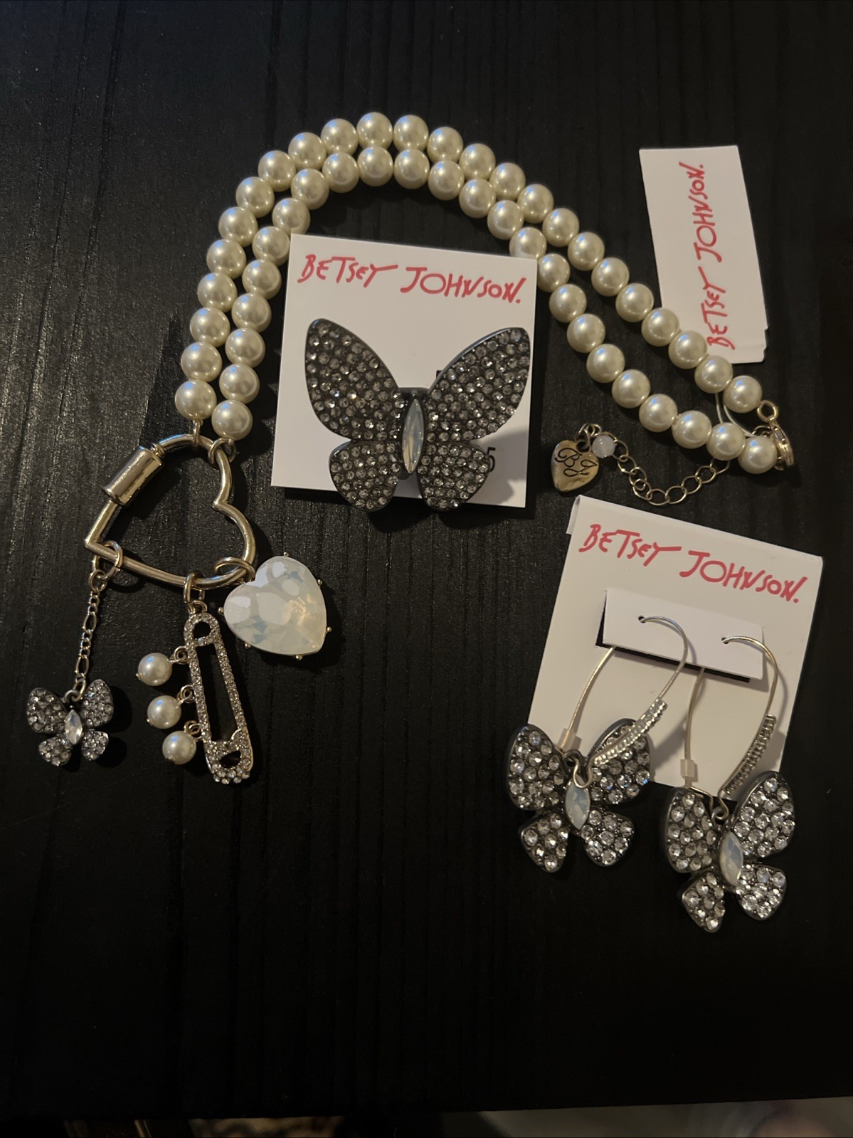 Betsey Johnson Betseyton Earrings Necklace  Butterfly Ring Set Size 7.5- Rare-G3