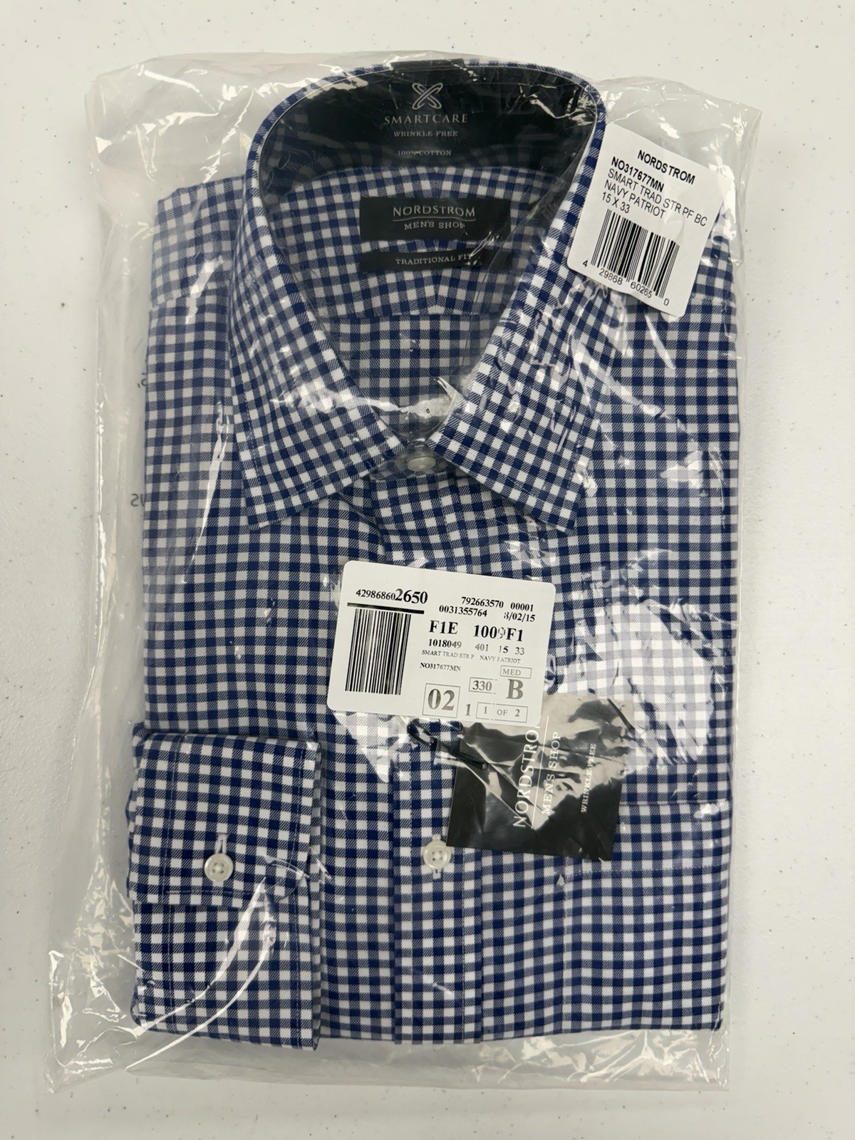 New Nordstrom Men\'s Navy Blue Check Cotton Dress Shirt 15 33 Wrinkle Free NWT