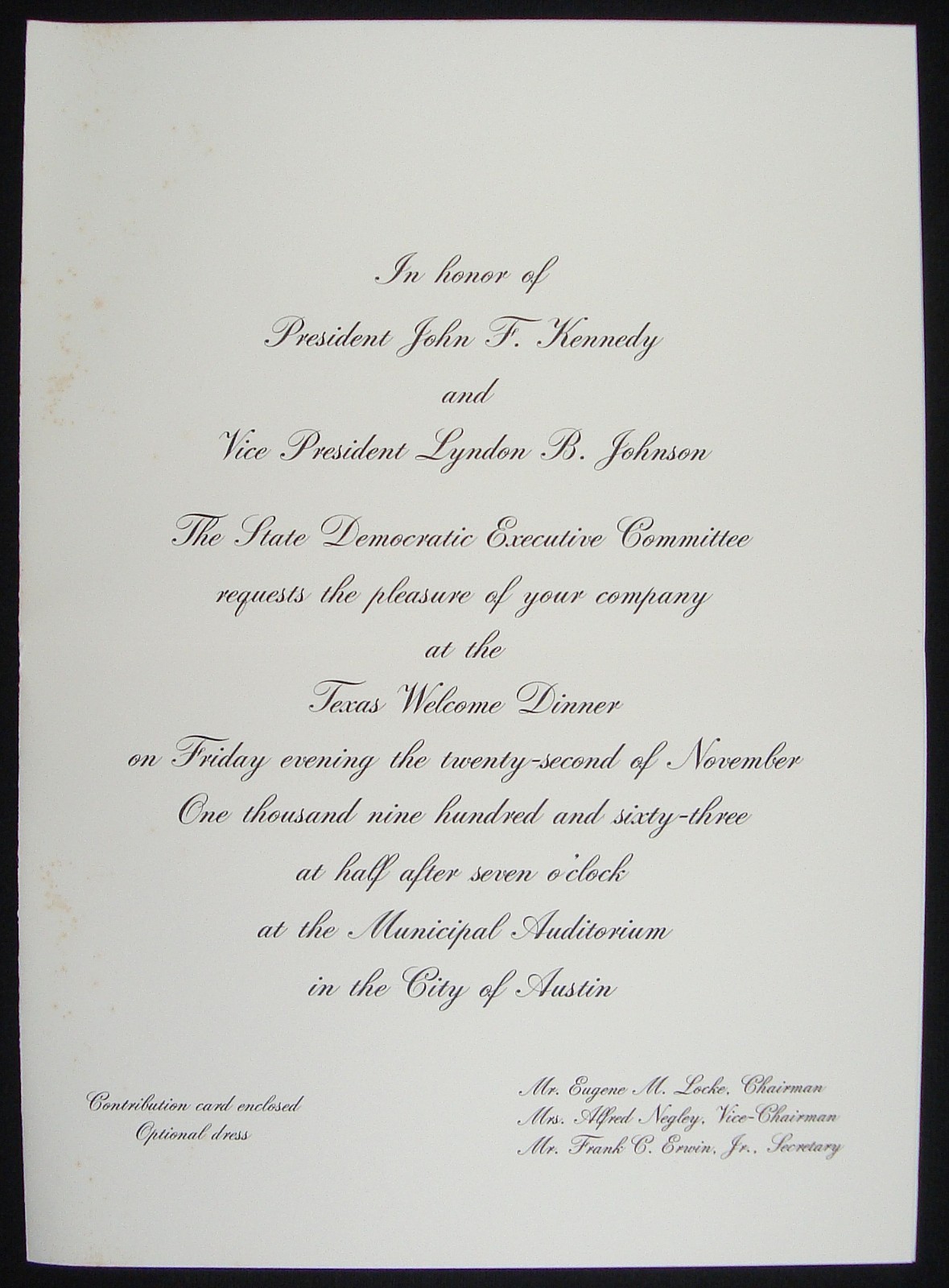 1963 Texas Welcome Dinner Invitation John F Kennedy Assassinated Ticket