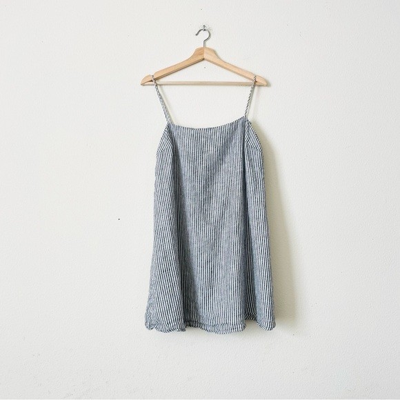 Reformation XL Aubree 100% linen grey white stripe shoulder tie strap mini dress