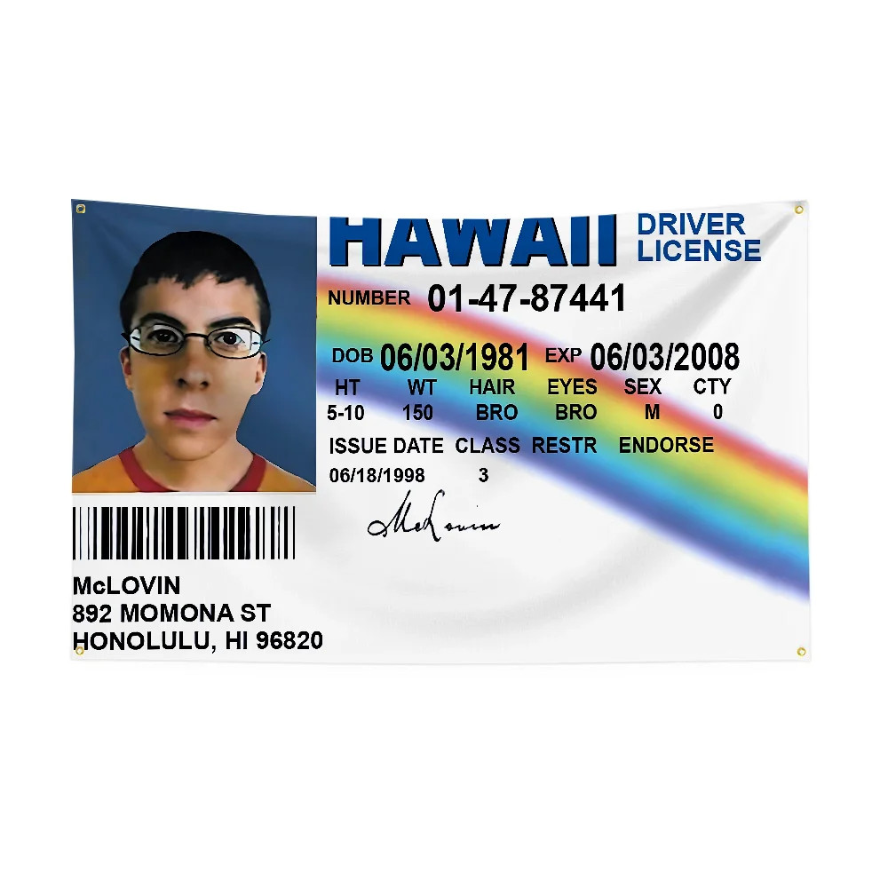 Mclovin Flag Superbad Fake ID Hawaii Driver License Novelty Banner 90x150cm