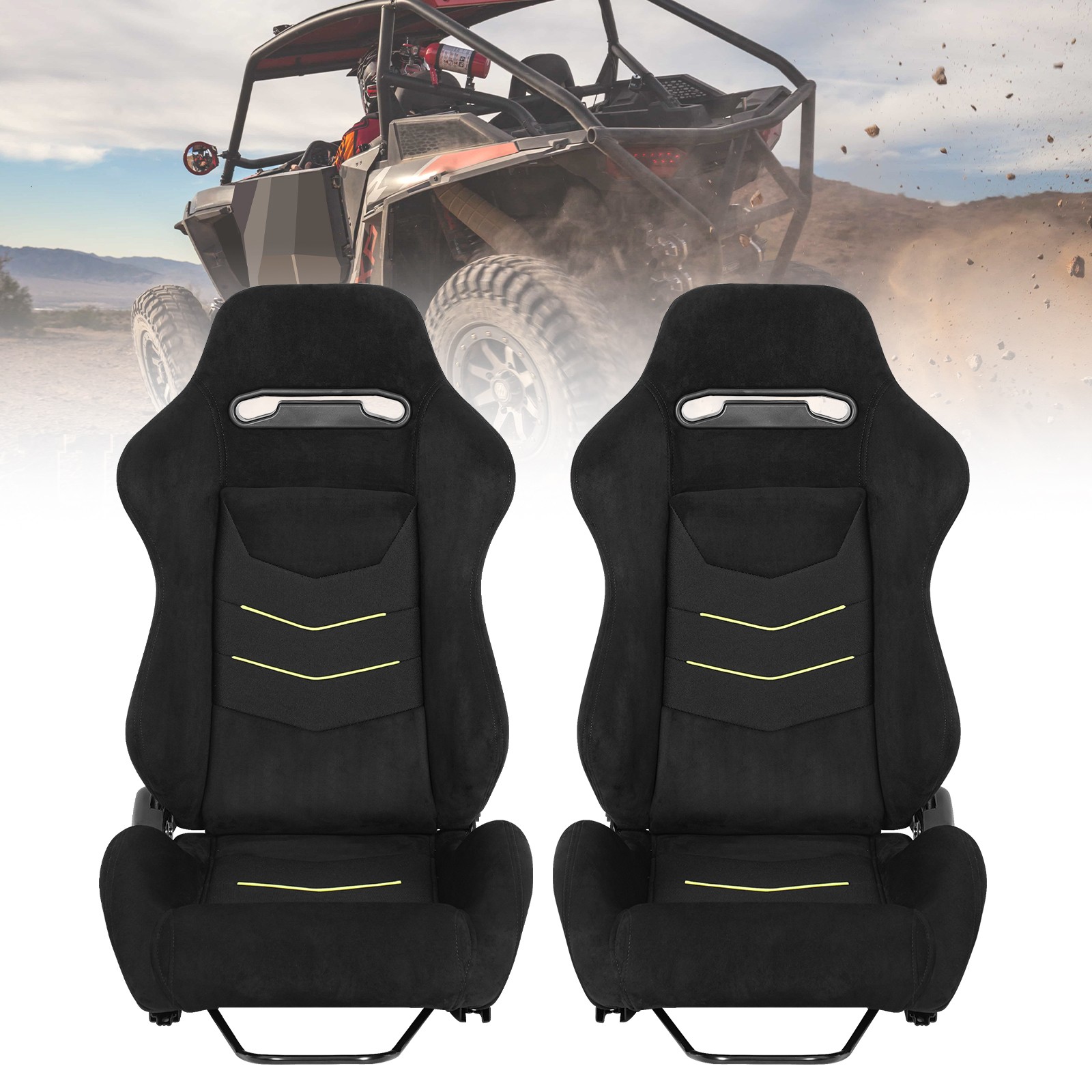 Universal Black Suede + Fabric Reclinable Racing Seats Pair Left/Right w/Slider Universal Black Suede + Fabric Reclinable Racing Seats Pair Left/Right w/Slider