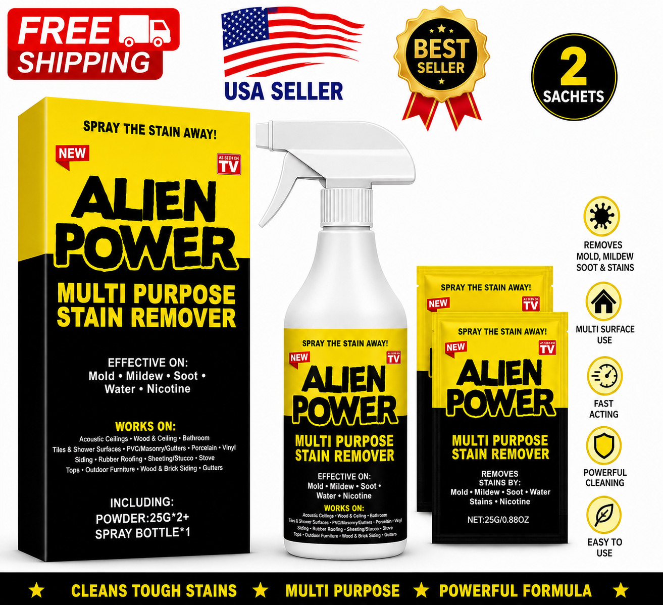 Alien Power Stain Remover Multi Purpose Mold Mildew Soot Cleaner 2 Sachets