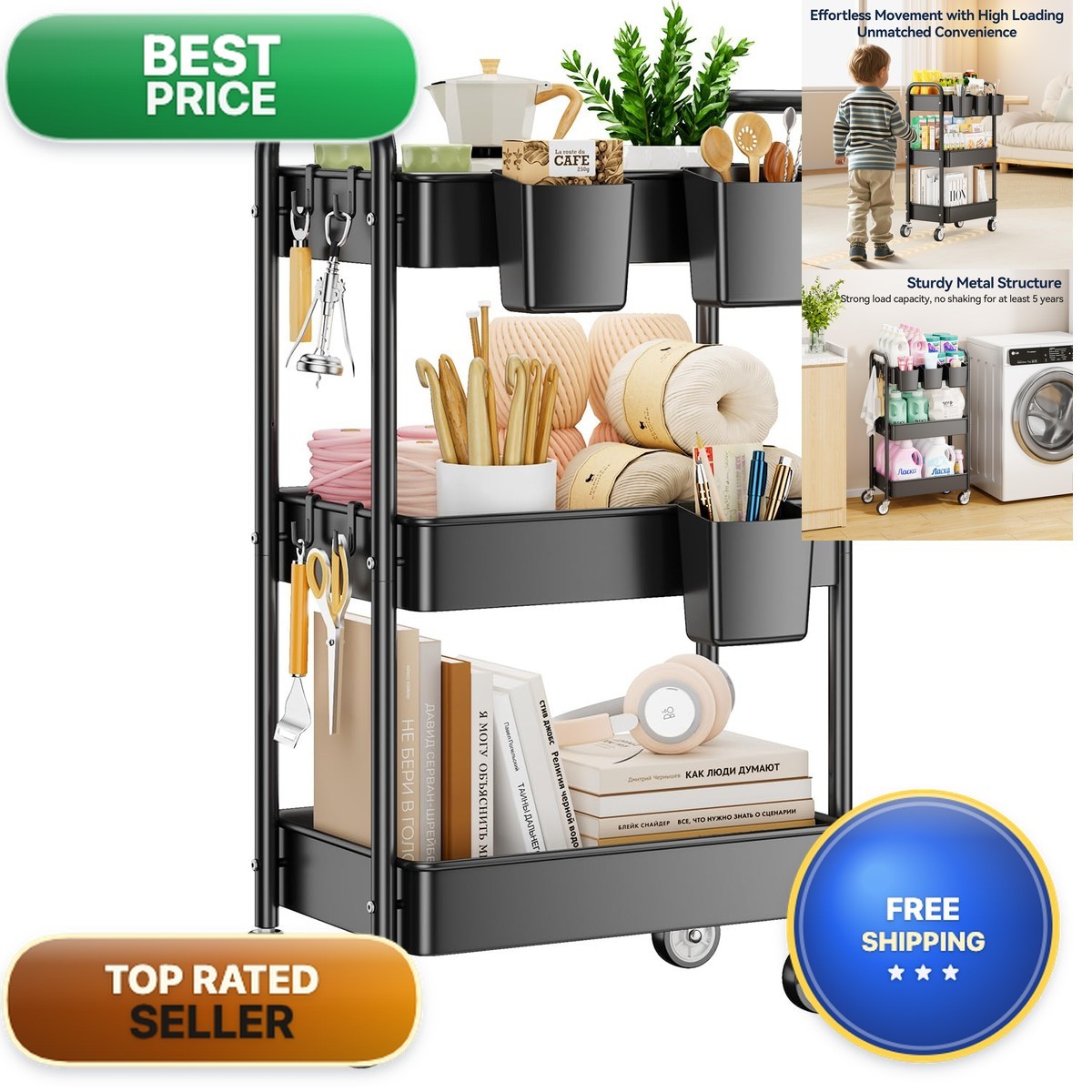 Yasonic 3 Tier - Wheels Hanging Cups Hooks Heavy Duty Mesh