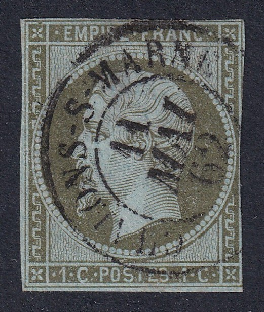 FRANCE 1860 Napoleon III 1c Olive-Green/Bluish SG 42 Used (CV £120) FRANCE 1860 Napoleon III 1c Olive-Green/Bluish SG 42 Used (CV £120)