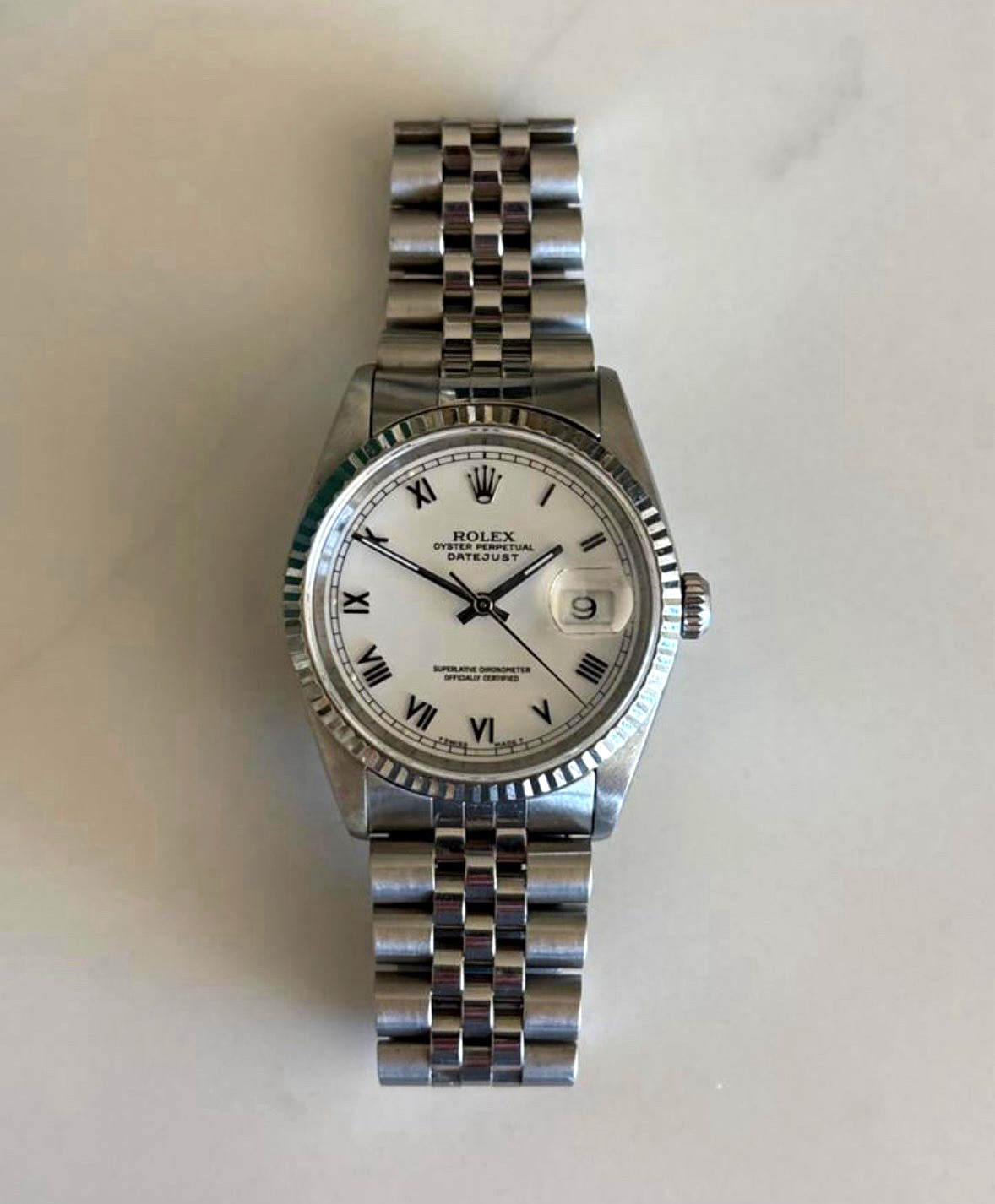 Rolex Datejust 36mm White Roman Dial Fluted Bezel Jubilee Bracelet Ref. 16234