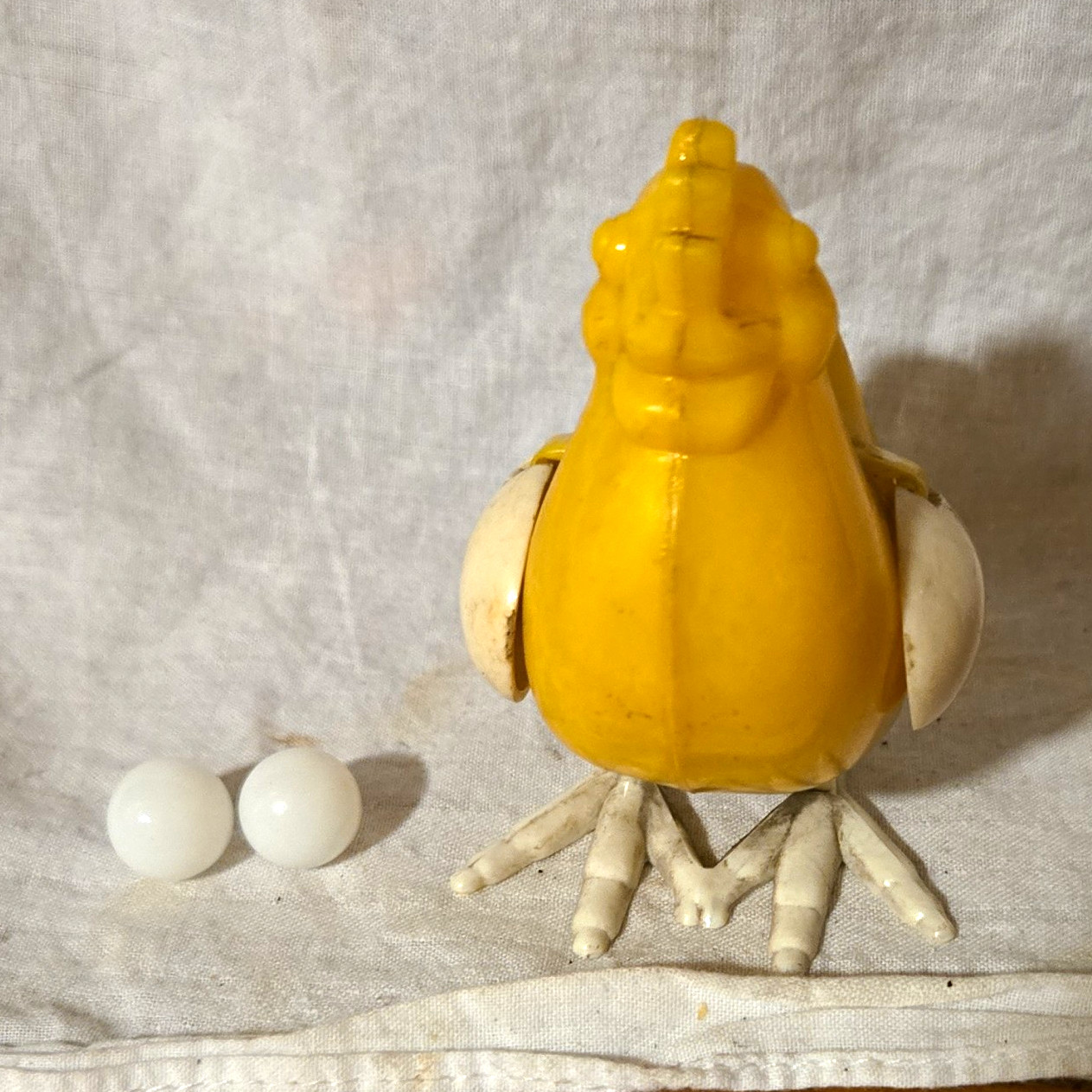 Vintage Yellow Plastic Chicken Collectible Figurine with 3 White Eggs 1959-1960