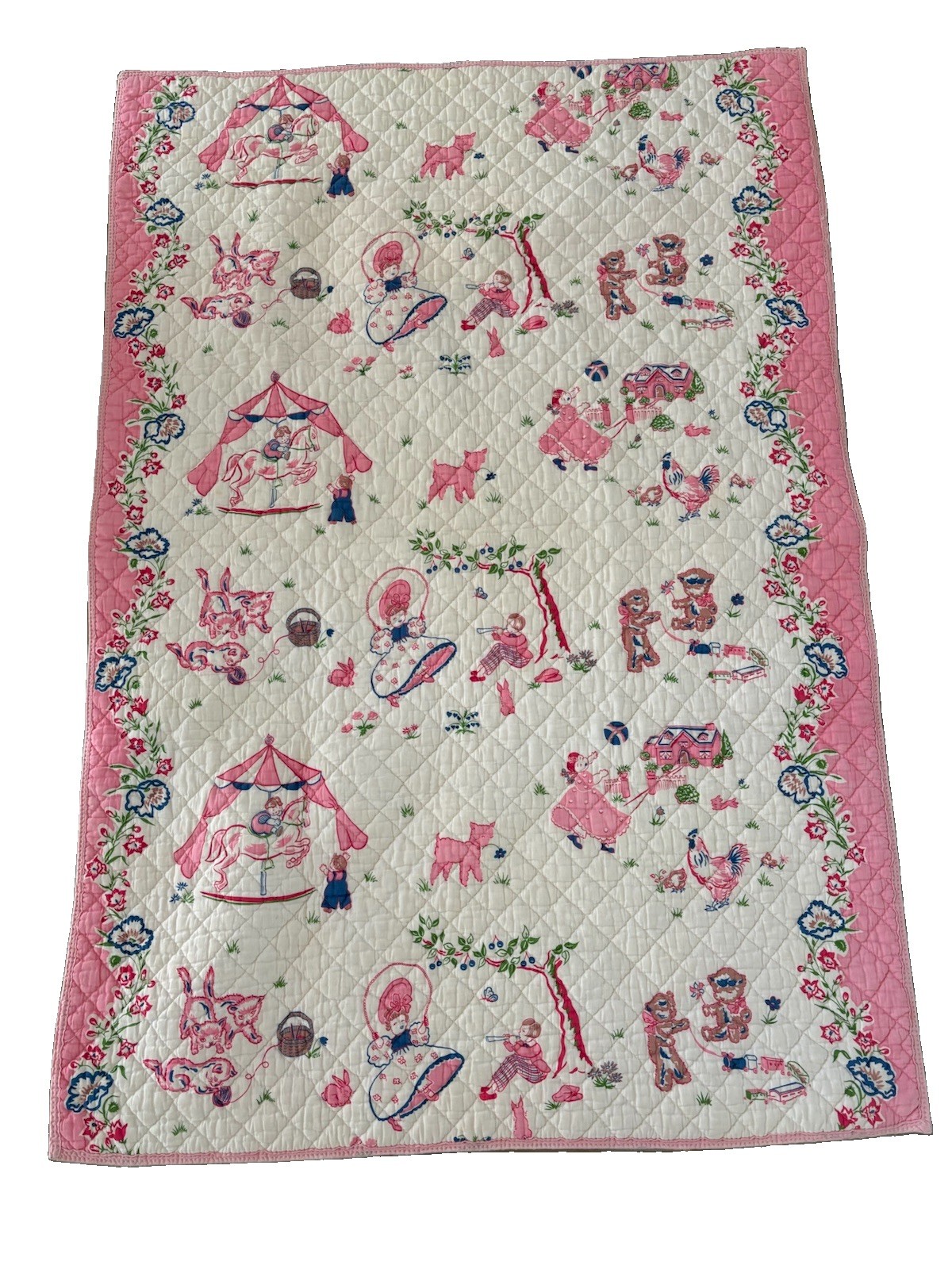 Vintage Cottage Baby Crib Blanket Quilt Kitties Chickens Floral Pink 46x31.5\ Vintage Cottage Baby Crib Blanket Quilt Kitties Chickens Floral Pink 46x31.5\