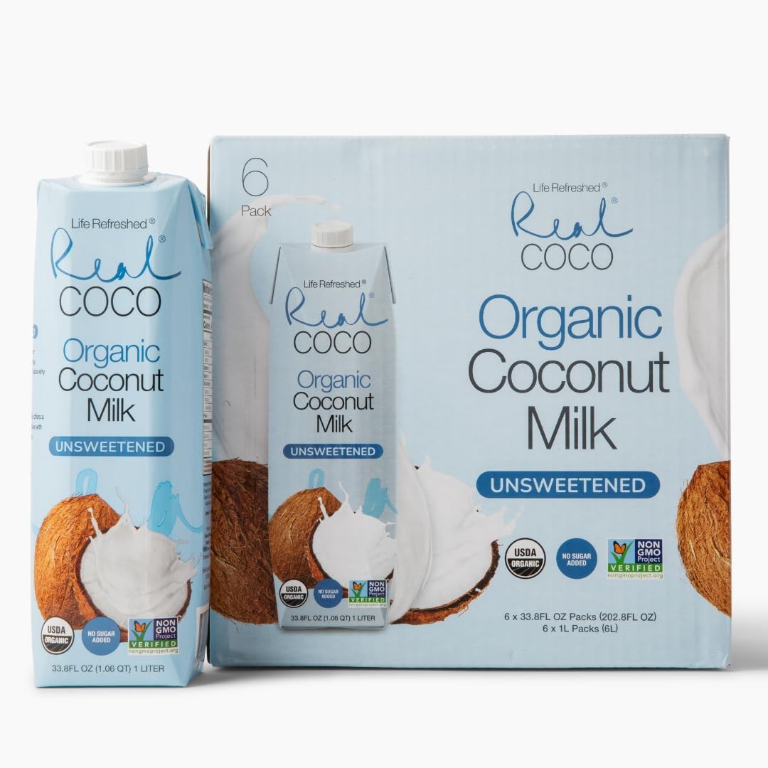 Real Coco Organic Coconut Milk Beverage, 6 x 1L Cartons, No Added Sugar, Plant-B