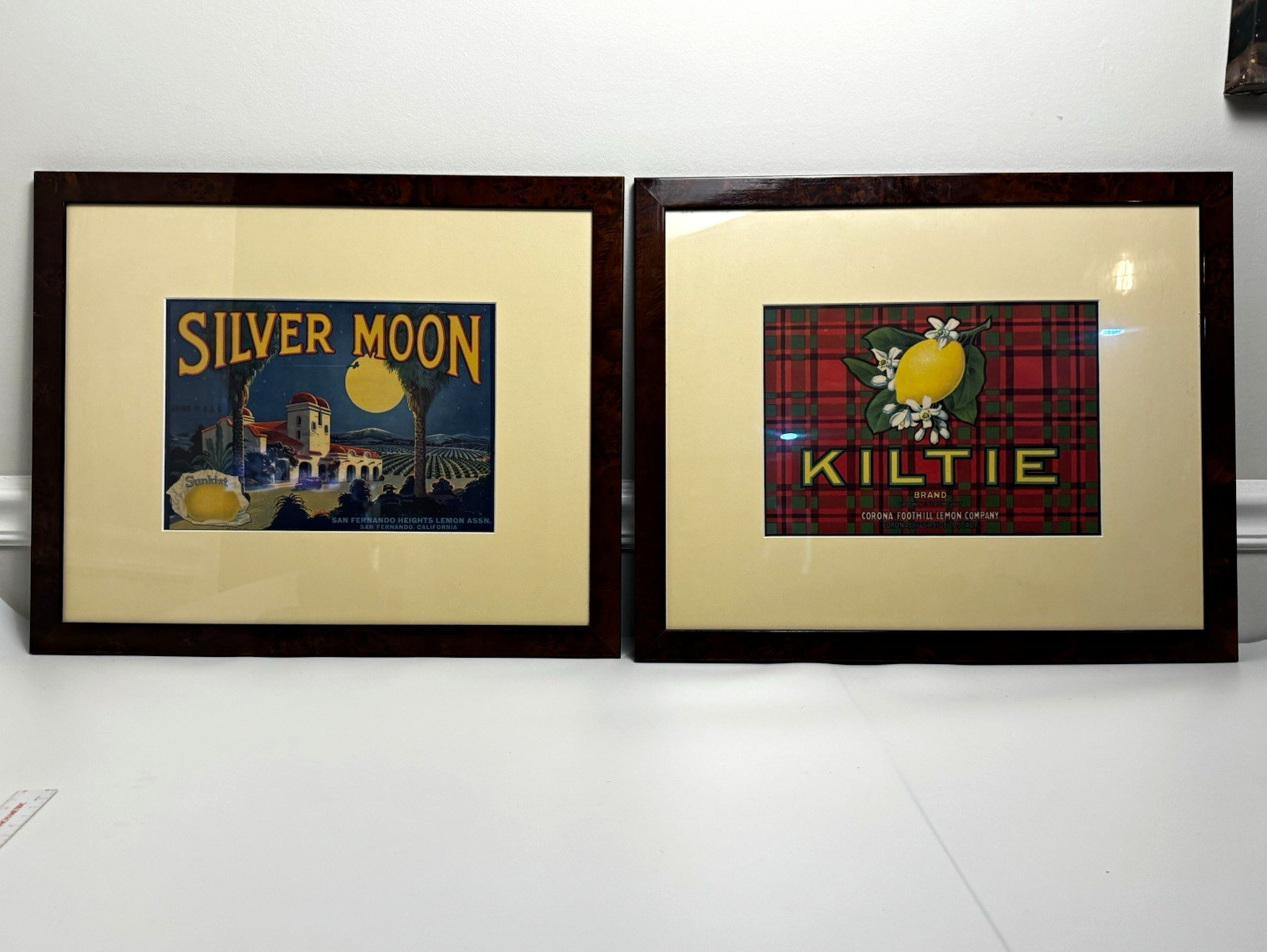 Vintage California Citrus Crate Label Art Kiltie Silver Moon Framed Pair 22x18