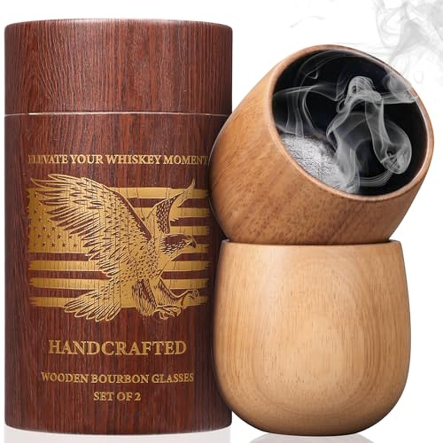 Premium Charred Oak Wood Bourbon Whiskey Glasses, 11oz Handcrafted Oak Whiske...