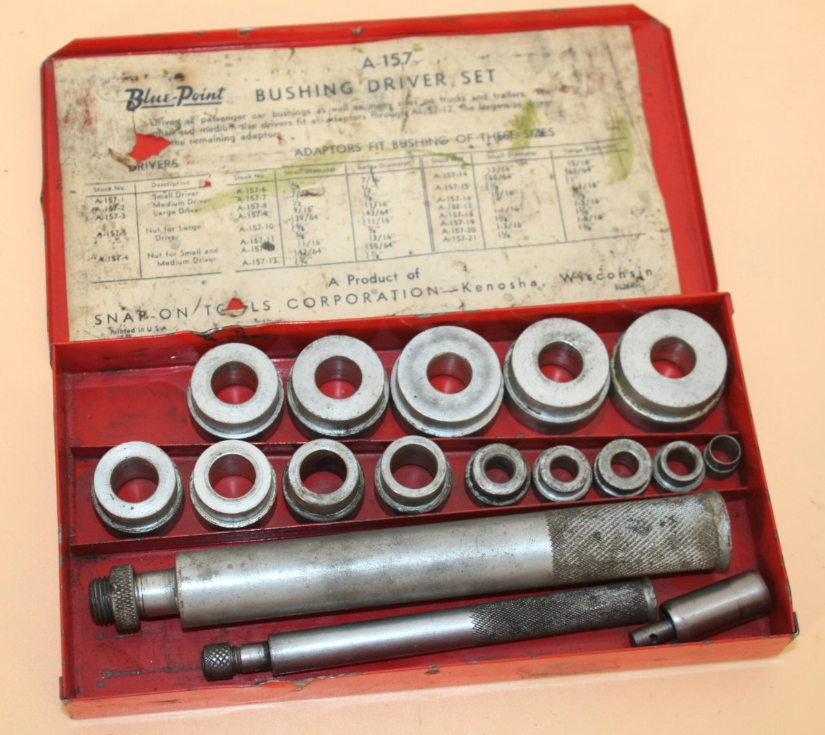 Vintage Snap-on A-157 Bushing Driver Set w/ Metal Box