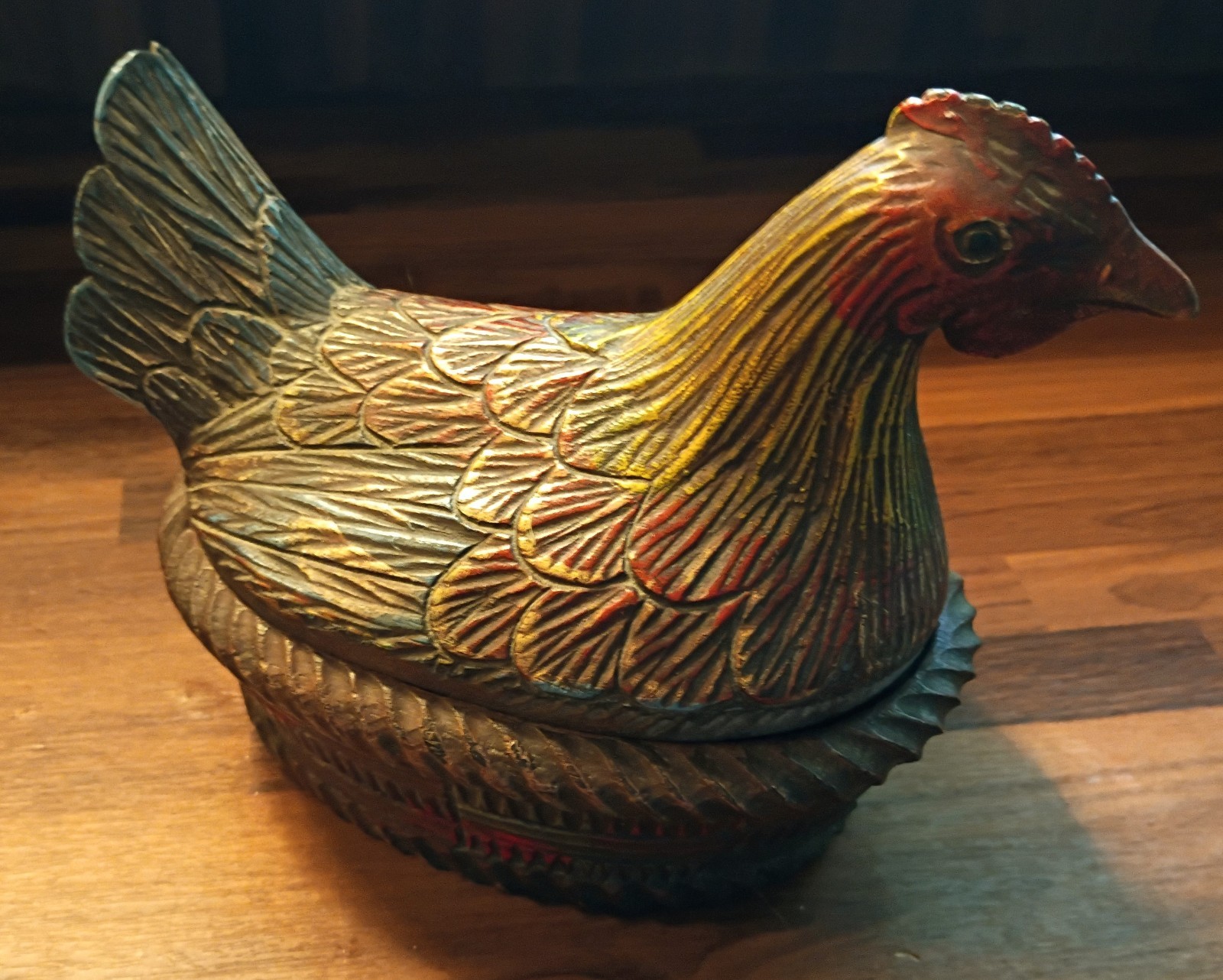 VTG Hand Carved Hen On Nest Lidded Wood Box - Retro Kitchen Decor Mid Century 