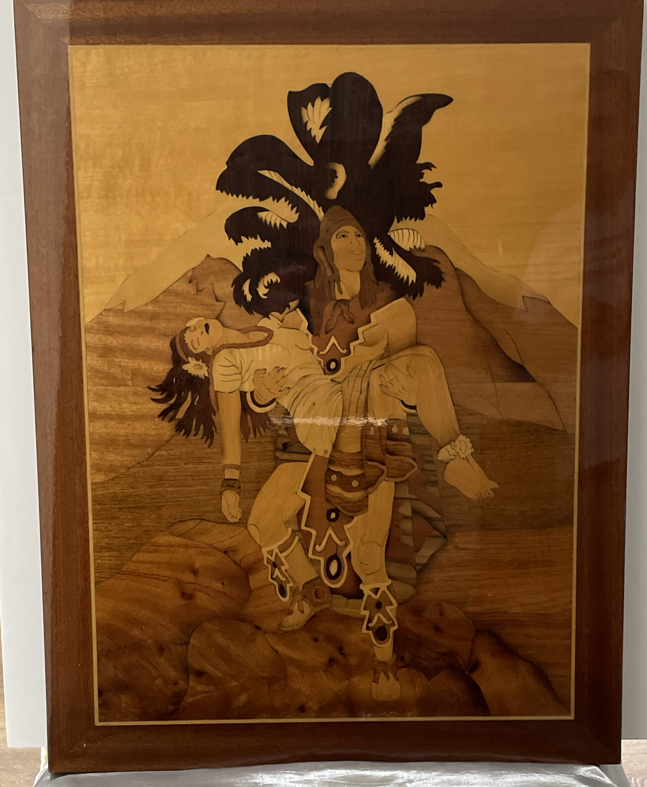 VTG Amazing Large Inlaid Wood Art/Legend of Iztaccihuatl and Popocatépet Love