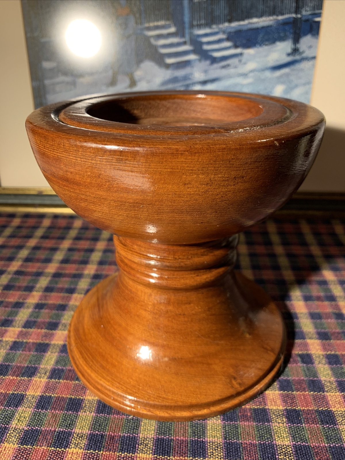 Vtg 70s Treen Ware Wooden Candleholder Pillar Honey Brown Rustic Country