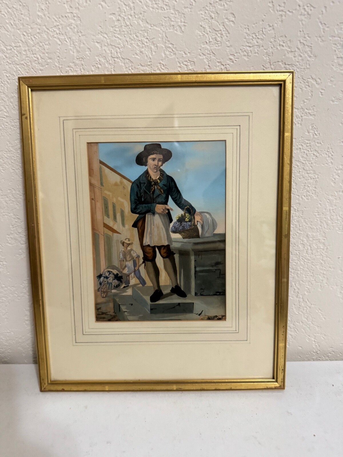 Vtg Antique Gouache Painting Man Basket of Fruit in Manner of Bartolomeo Pinelli Vtg Antique Gouache Painting Man Basket of Fruit in Manner of Bartolomeo Pinelli