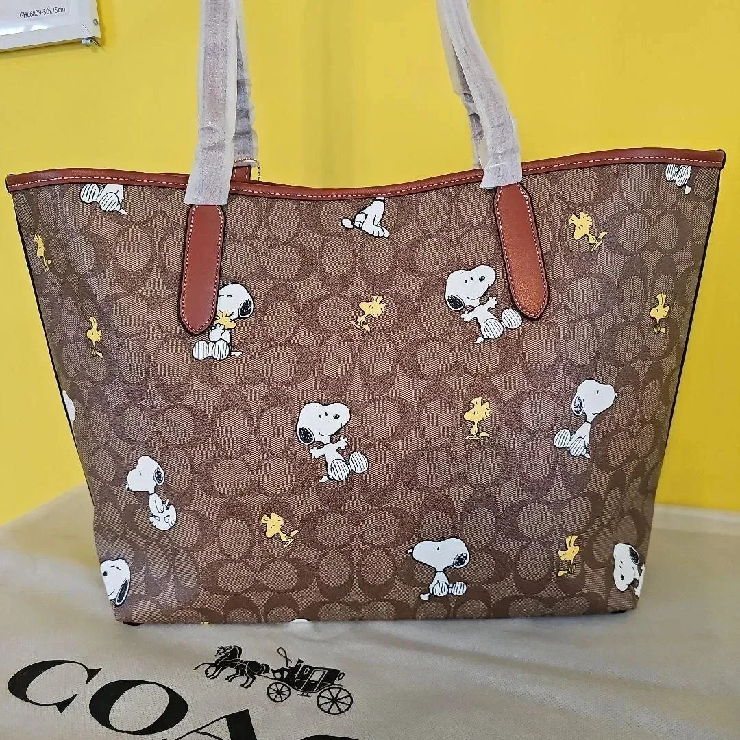 Coach Peanuts Snoopy CF166 Khaki Redwood Multi Tote Bag Signature Canvas Ship US