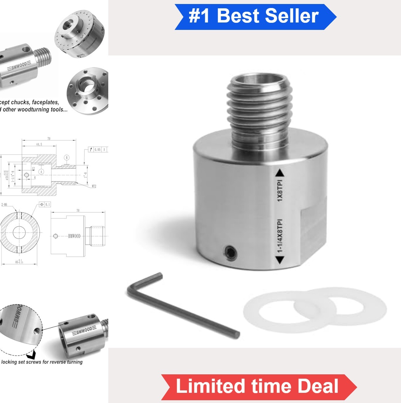 Wood Lathe Spindle Adapter 1-1/4 x 8TPI Female to 1 x 8TPI Male Hard Steel