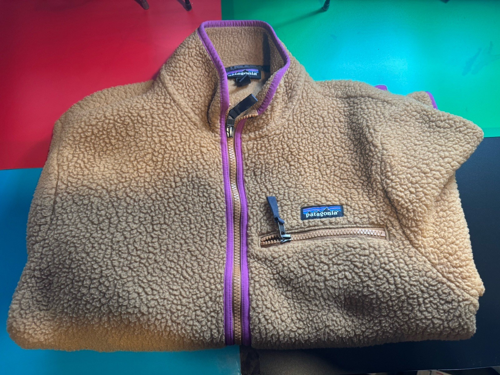 Patagonia Men\'s L Beige Full Zip Jacket Purple Trim Stand-Up Collar Zip Pockets