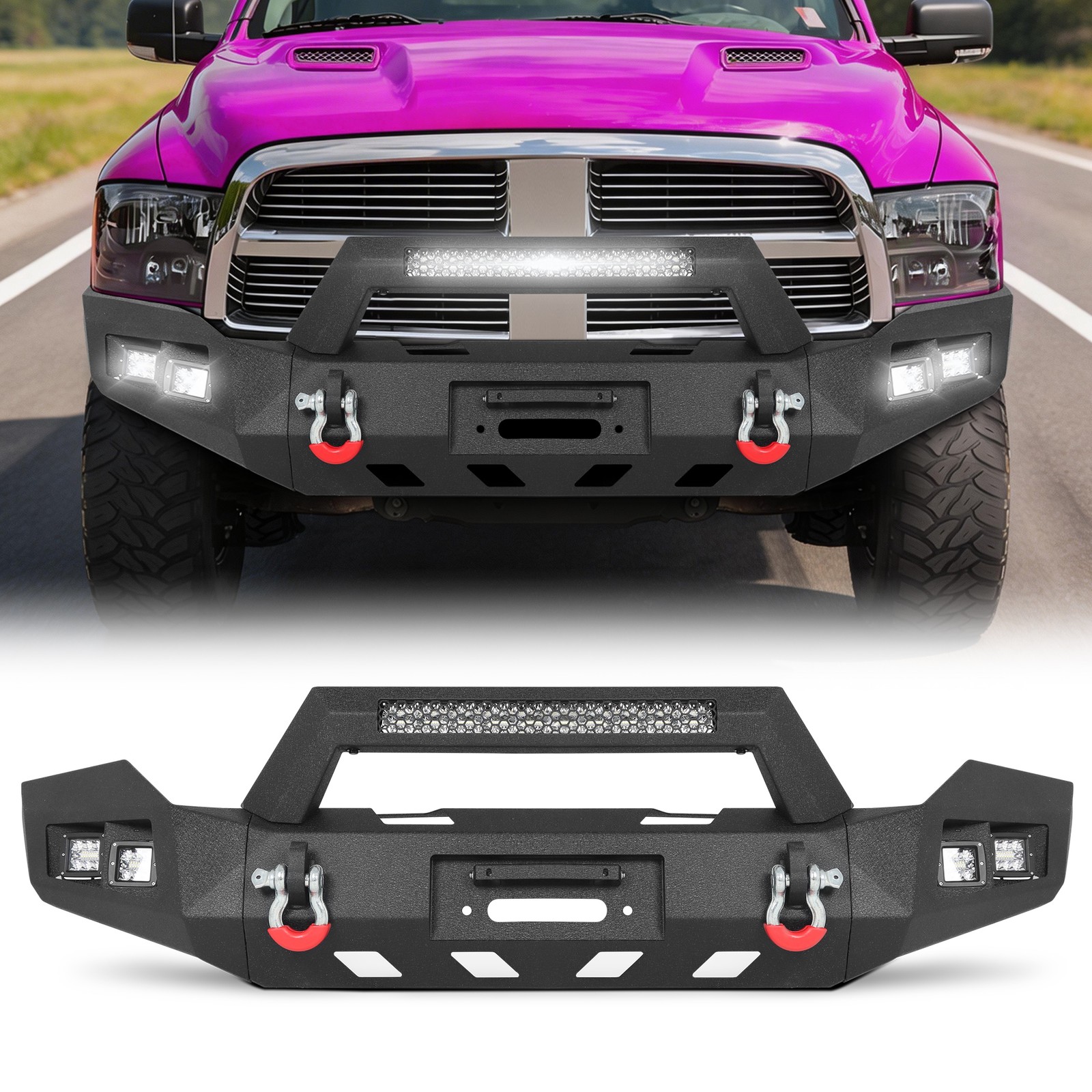 For 2013-2023 RAM 1500 Classic Front Bumper W/Winch Plate LED Light D-ring Steel