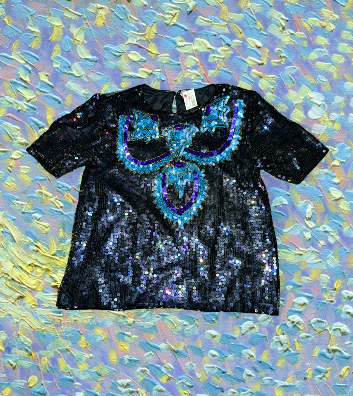 NWT Hill\'s 100% SILK GLAM ROCK Top 80\'s Grunge SEQUIN Black Green Women\'s Small