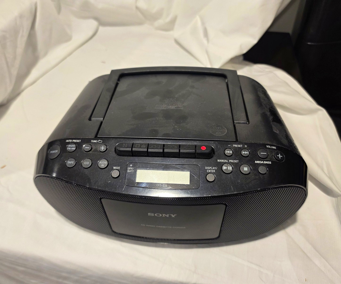 Sony CFD-S50 CD/Cassette AM/FM Boombox Mega Bass Aux, Headphone, Black