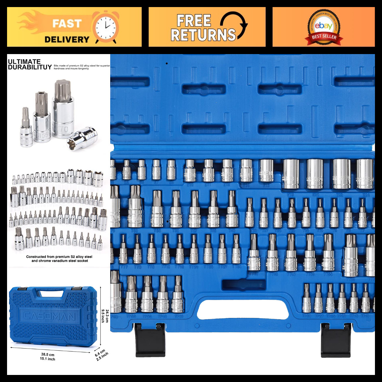 60-Piece Torx Bit Socket Set, External Torx & Master Sockets, S2 & Cr-V Steel, E