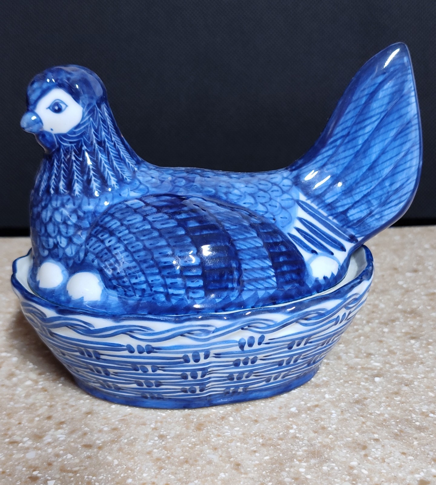 Vintage Cobalt Blue Ceramic Hen On A Nest Made In Thailand