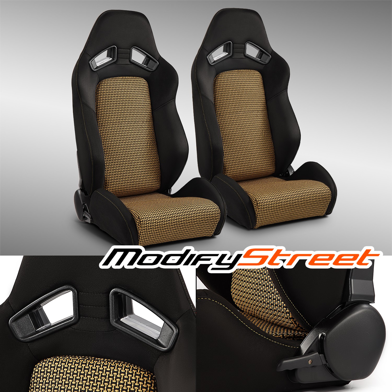 2 x Universal Black+Gold I-pattern PVC Reclinable Racing Seats Left/Right