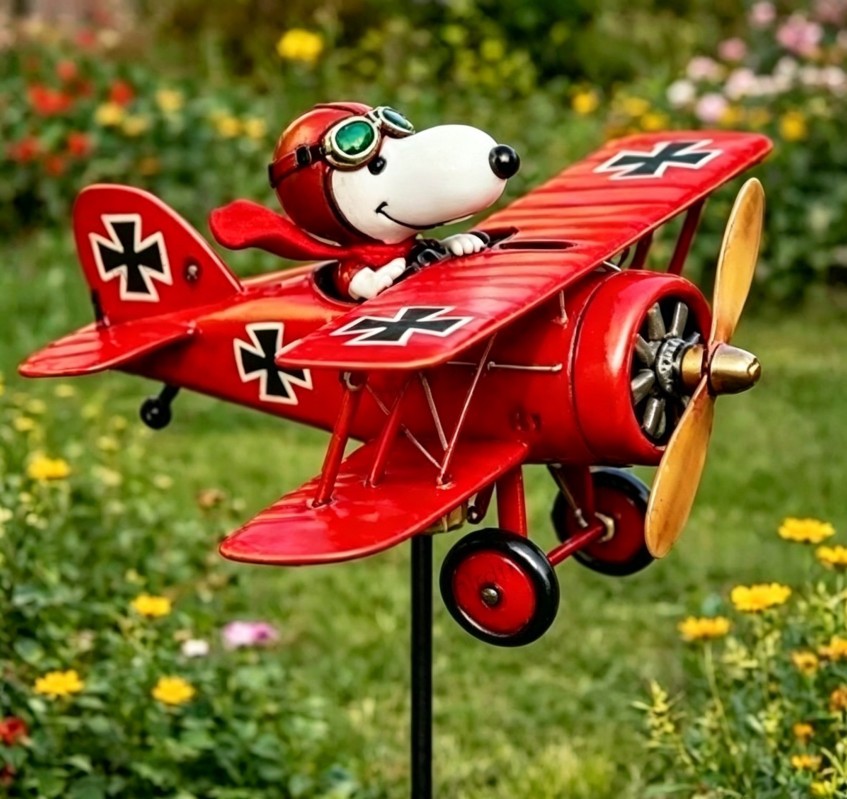 Snoopy Pilot Flying Biplane Wind Spinner - Vintage Metal Garden Windmill Decor