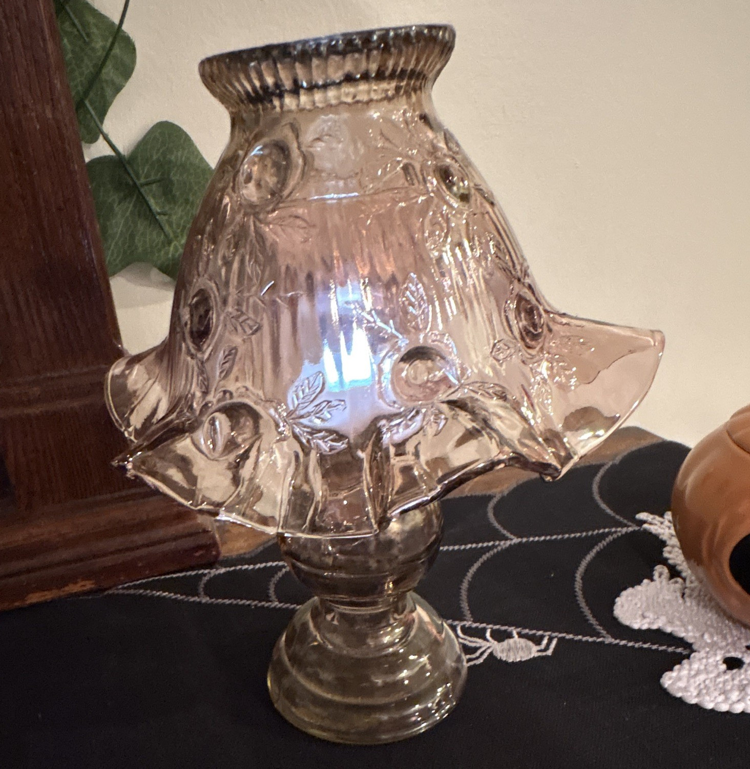 Vintage Clear Glass Floral Flower Hurricane Tealight Holder Pedestal 8 in