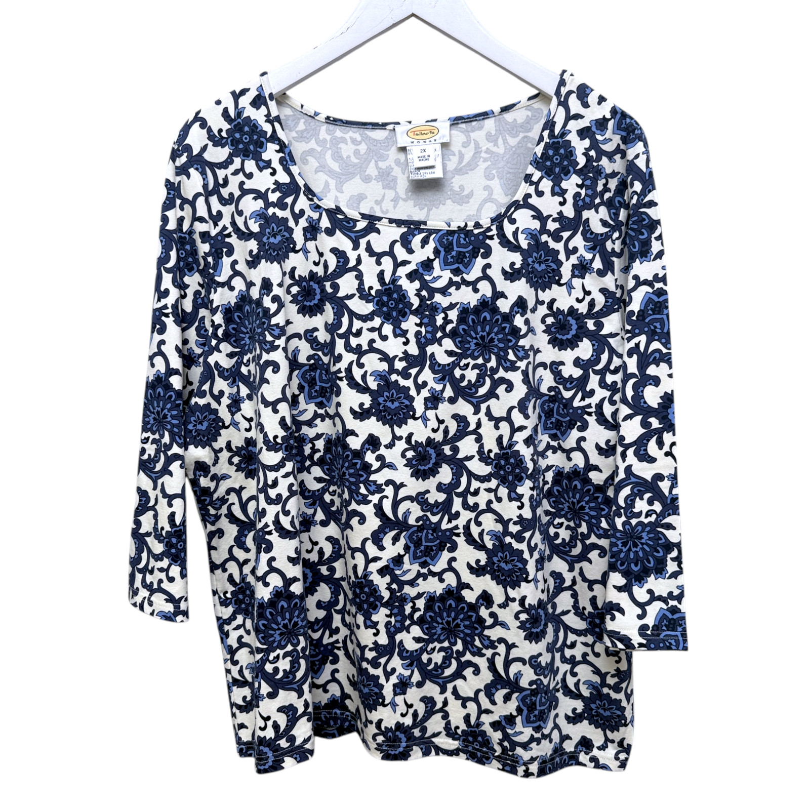 Talbots Top Blue and White Floral T-shirt Womens Preppy Casual 3/4 Sleeve