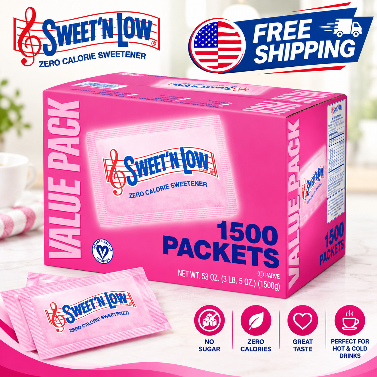 Sweet'N Low Zero Calorie Sweetener Value Pack, 1500 count, 53 oz