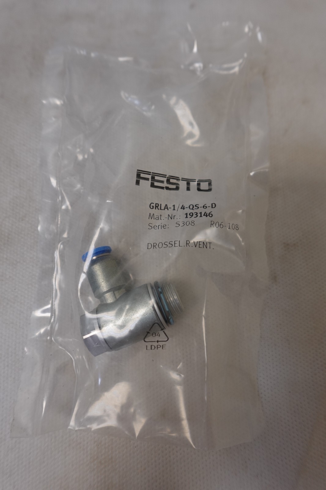 1 PCS FESTO GRLA-1/4-QS-6-D 193146 One-Way Throttle Valve NEW GRLA-1/4-QS-6-D 1 PCS FESTO GRLA-1/4-QS-6-D 193146 One-Way Throttle Valve NEW GRLA-1/4-QS-6-D