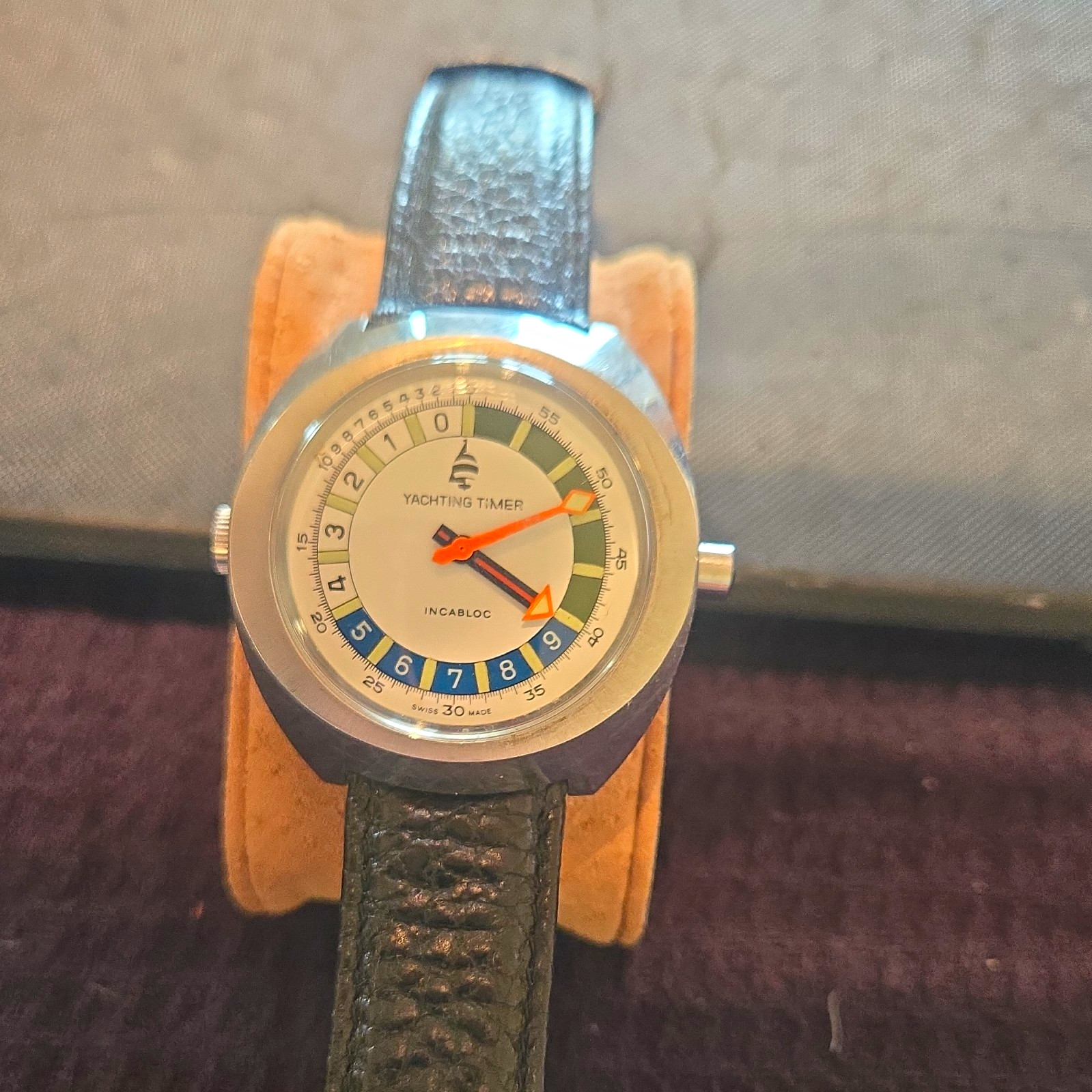 Yachting Timer Vintage 1960s Manual 17J 40mm White Dial Arabic Leather Strap