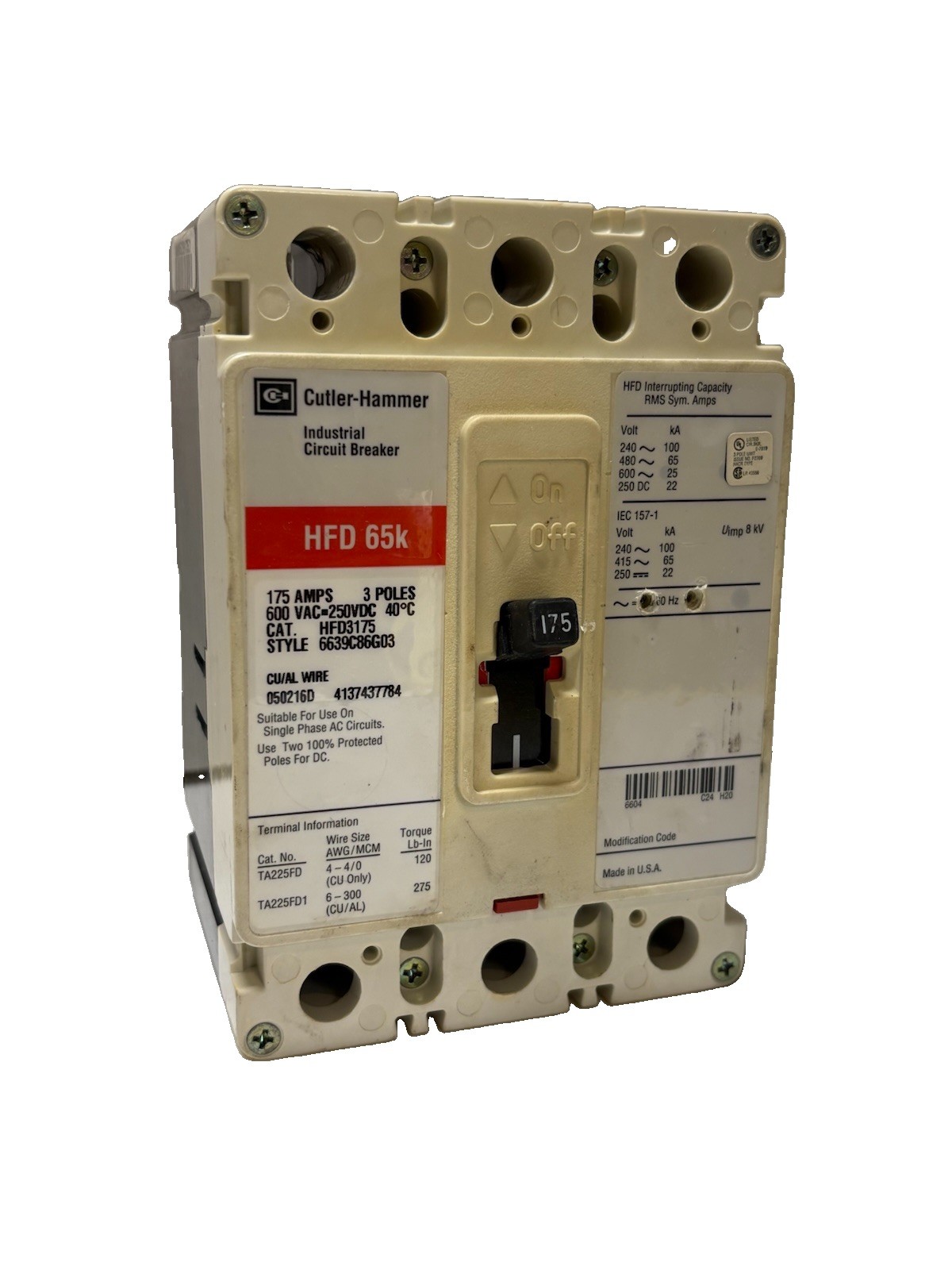 Cutler-Hammer/Eaton HFD3175 Circuit Breaker 3 Pole 175 Amp Cutler-Hammer/Eaton HFD3175 Circuit Breaker 3 Pole 175 Amp