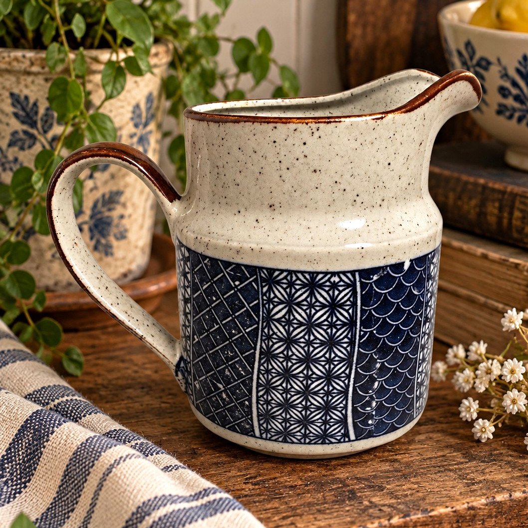 Vintage Takahashi Japan Stoneware Pitcher 5.5” Blue Patchwork Geometric Creamer
