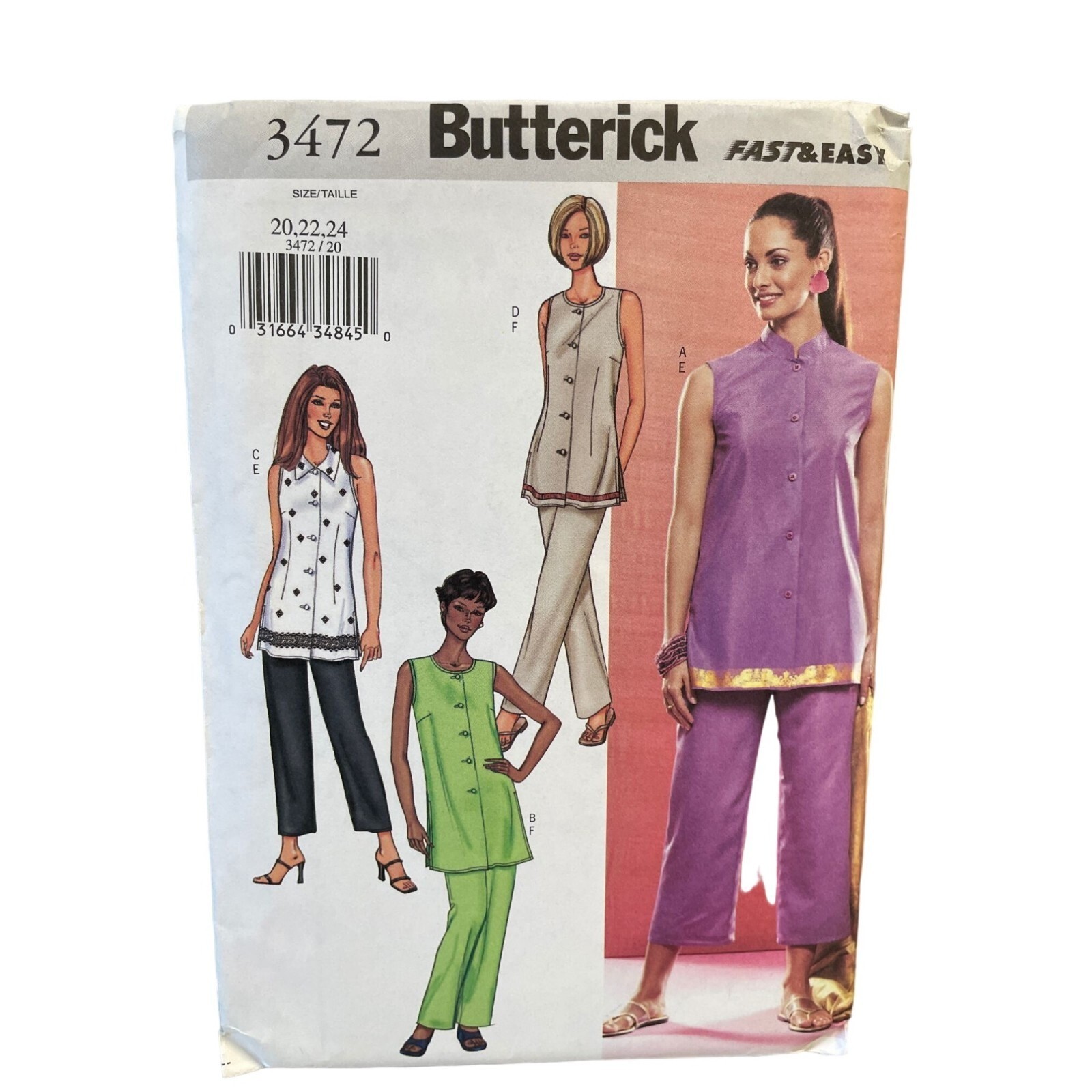 Butterick 3472 Misses\' Tunic Top & Pants Sewing Pattern Sizes 20-24 UNCUT