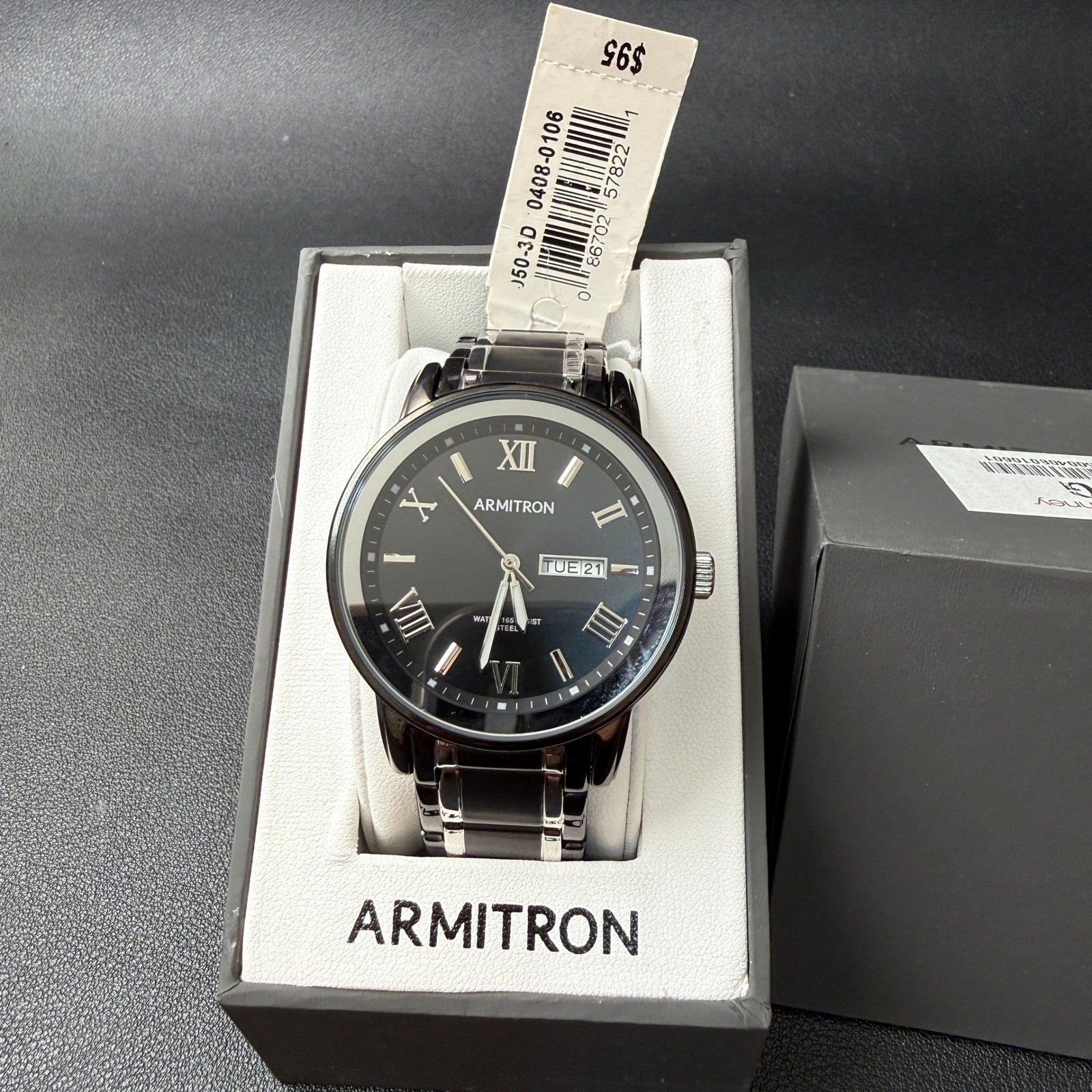 MSRP $95 Armitron Men\'s 20/4935TB Black/Silver Tone Bracelet Watch New Battery