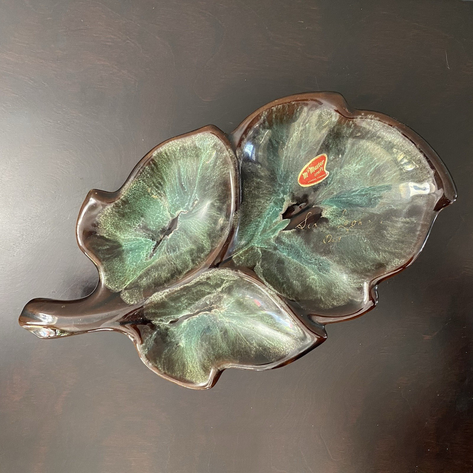 Vintage Drip Glaze McMaster Craft Canada Pottery Divided Dish MCM Signed 11\