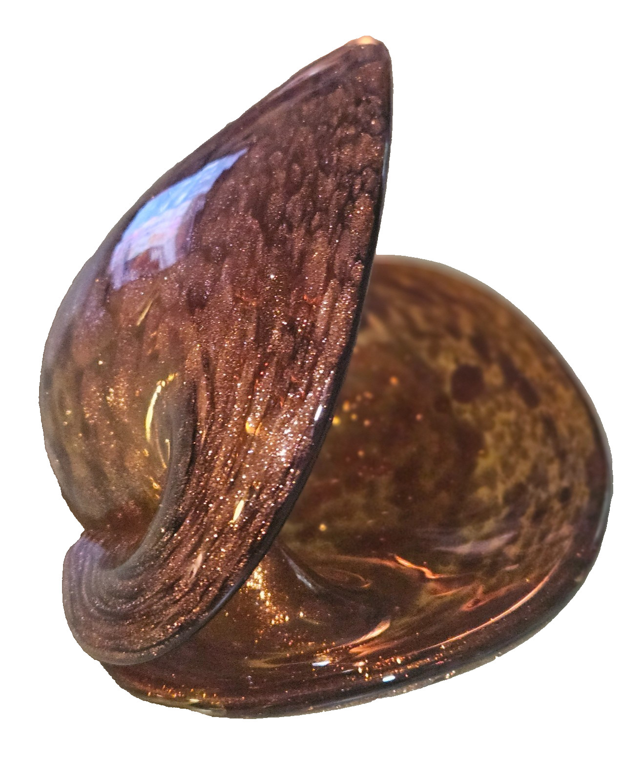Vintage Murano Art Glass Amber & Gold Flake 2 position Clam Shell Dish