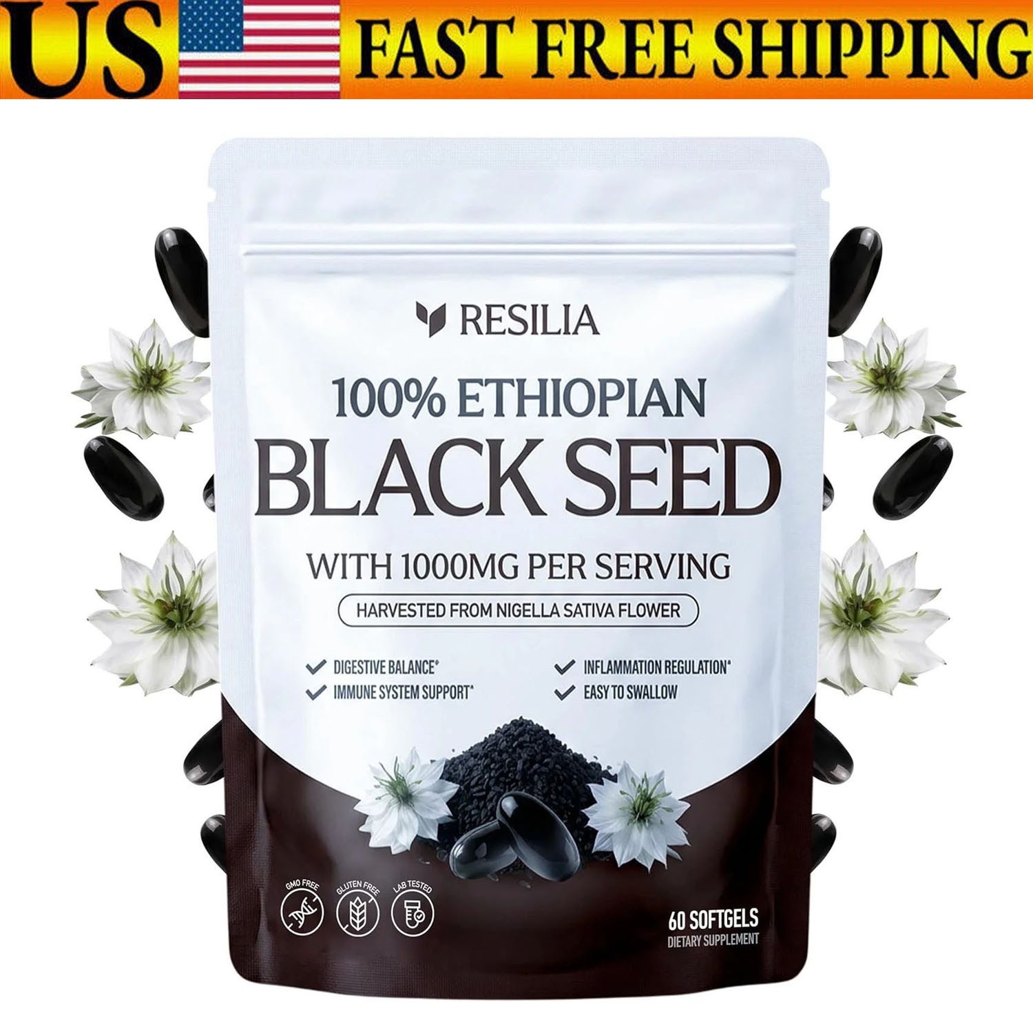 Resilia Ethiopian Black Seed Softgels 1000mg Per Serving,Premium Nigella Sativ🔥