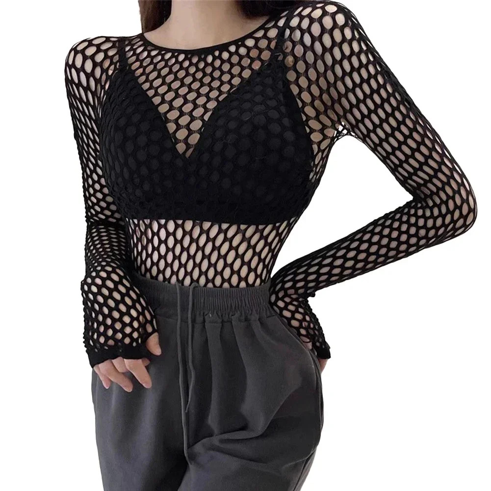 Sexy Womens Long Sleeve Mesh Fishnets Crop Top Hollow Out See Through Soft Slim Sexy Womens Long Sleeve Mesh Fishnets Crop Top Hollow Out See Through Soft Slim