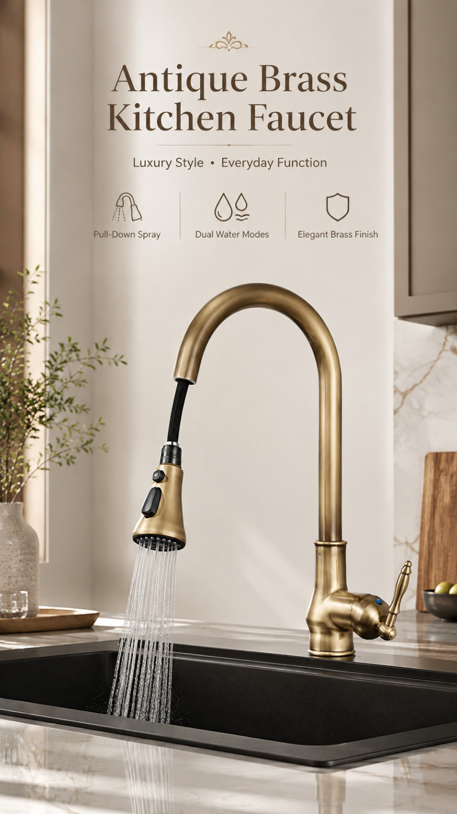 Antique Brass Kitchen Faucet Pull-Out Sprayer 360° Swivel Hot Cold Mixer Tap