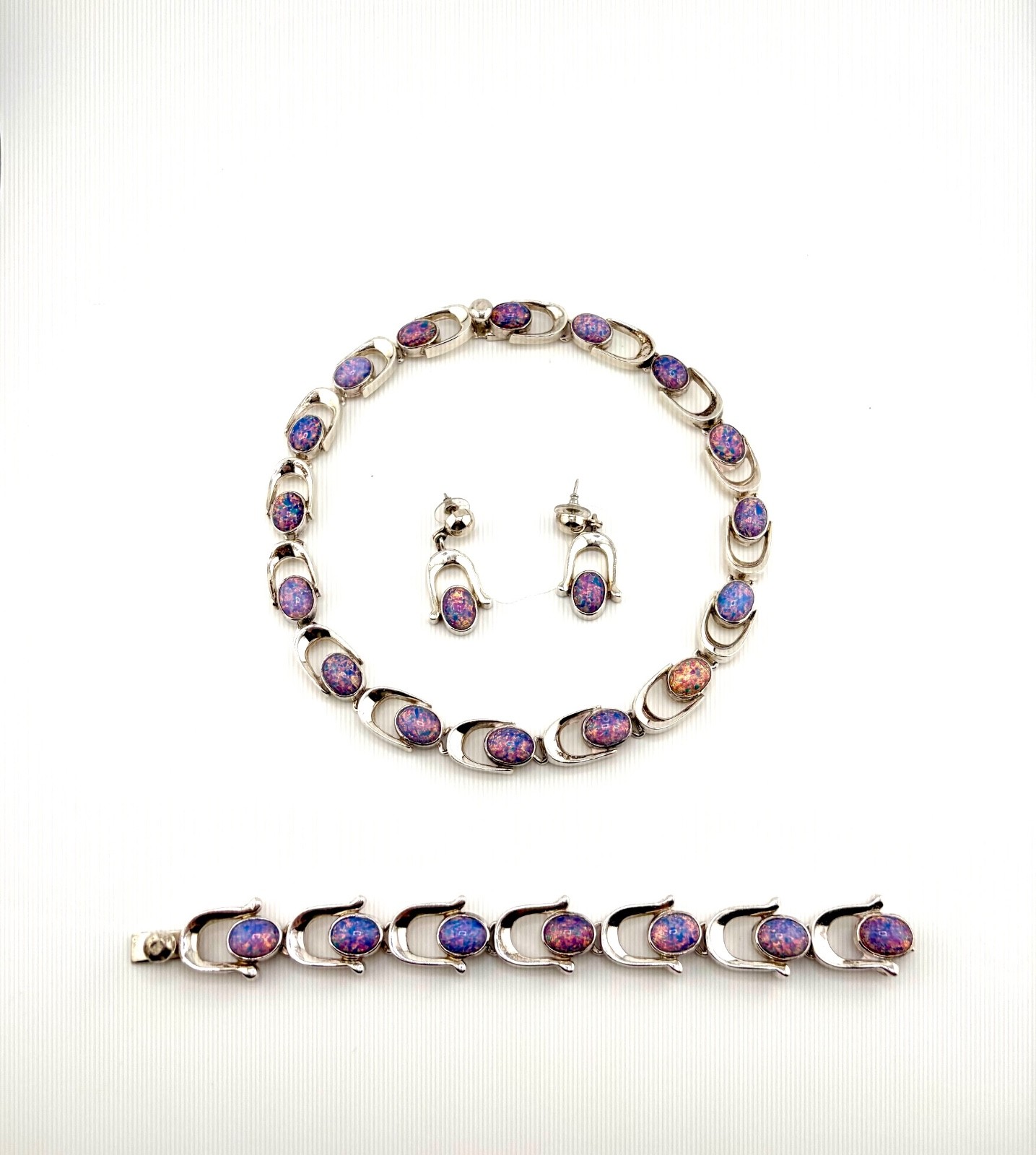 Taxco Mexico 925 Sterling Silver Opal Necklace Bracelet Earrings Set - 142g
