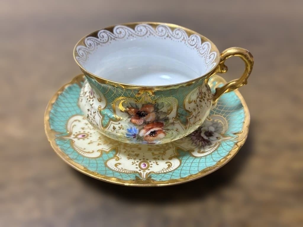 Rare 19thC Antique Dresden Rococo Painted Gilt Turquoise blue Cup Saucer