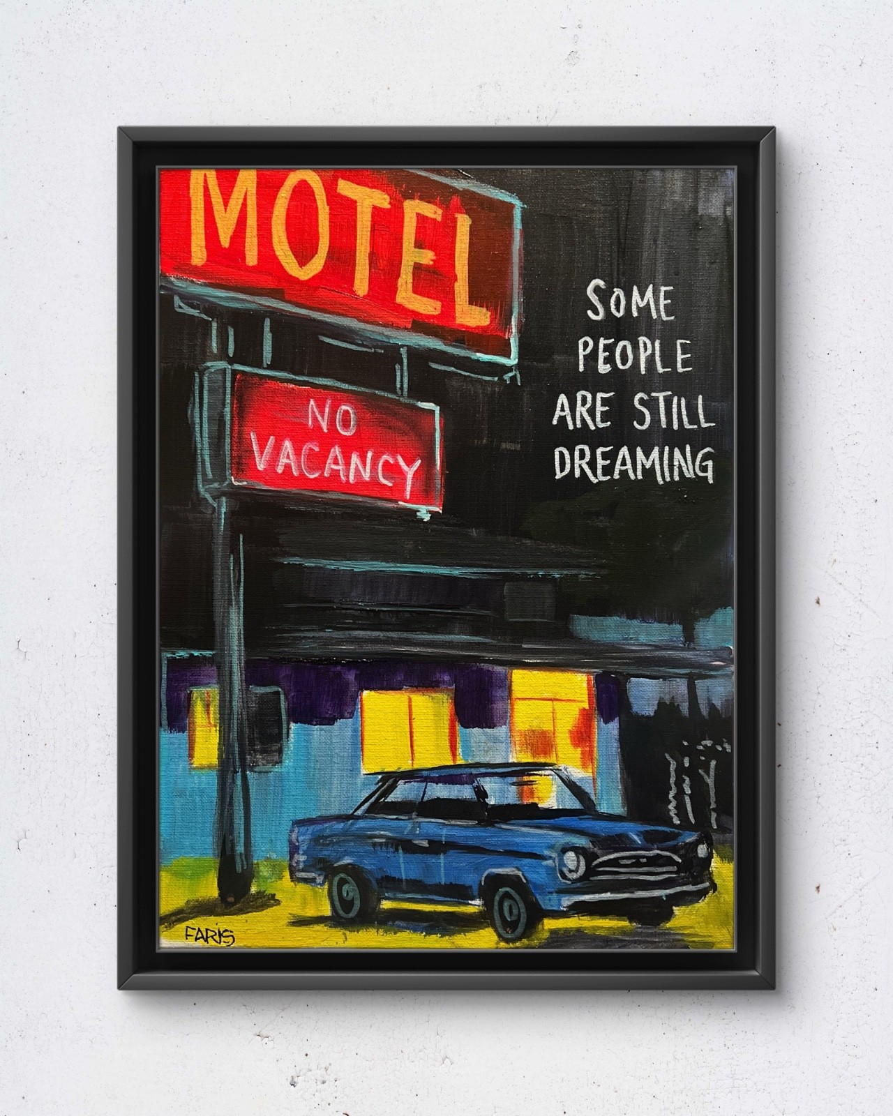 Faris Original 12x16 Expressionist Motel No Vacancy Night Painting Signed Canvas