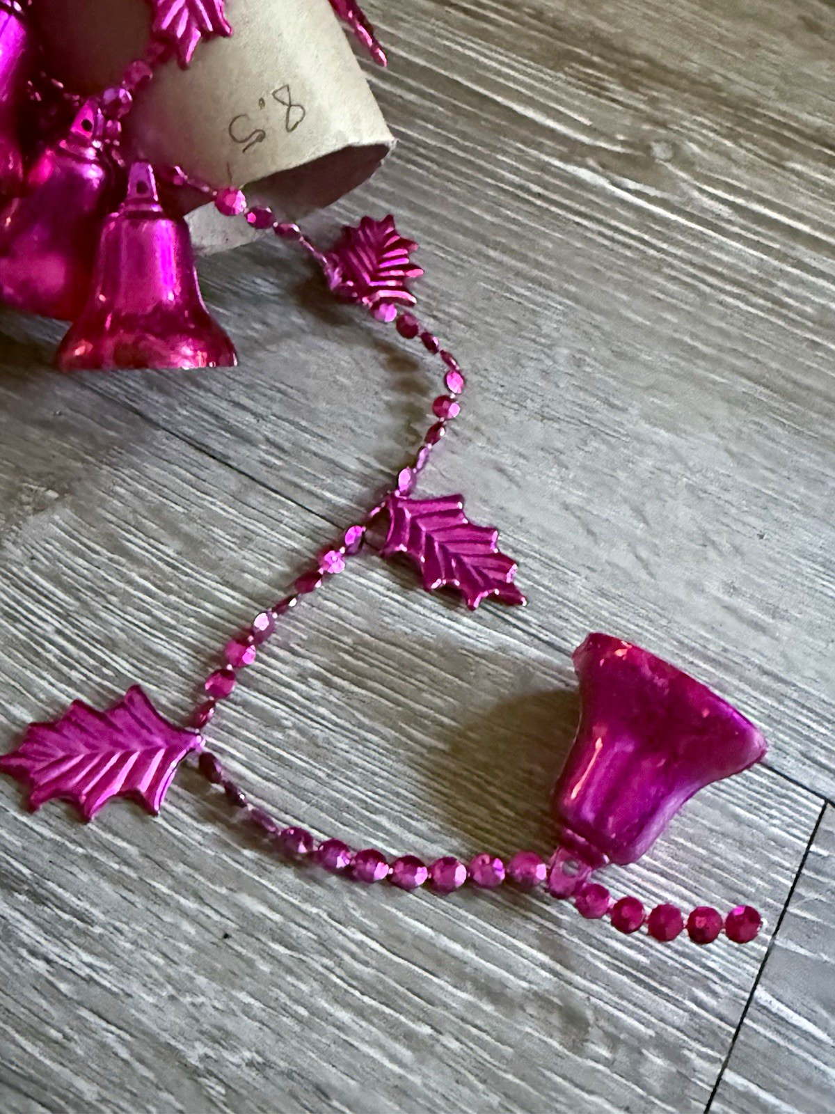 Vintage Pink Christmas Garland Plastic Bead Strand Holly Leaves & Bells