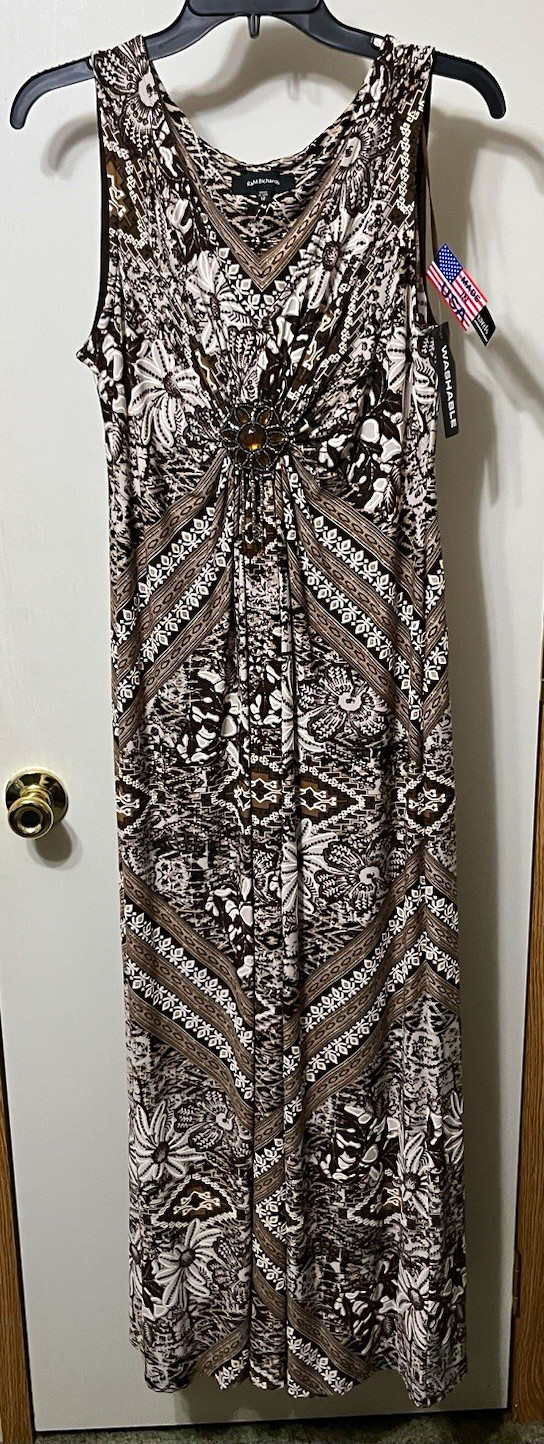 R&M Richards Maxi Dress Size 12 Brown/White/Black Floral V-Neck Sleeveless